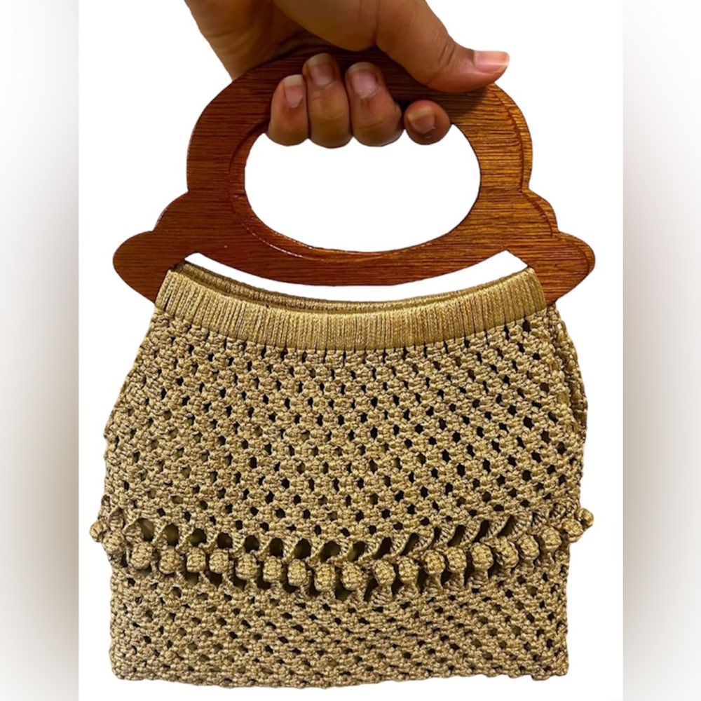 Vintage Boho Handmade Macrame Crochet Knit Purse Bag Wood Handles Lined